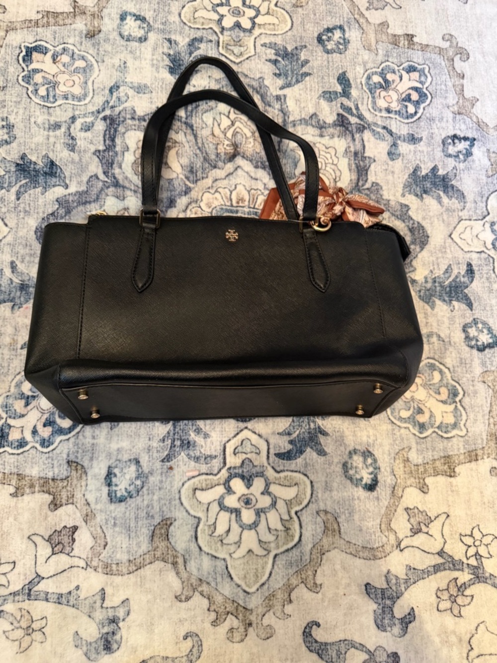 Tory Burch Emerson Black Leather Tote with Gold Accent